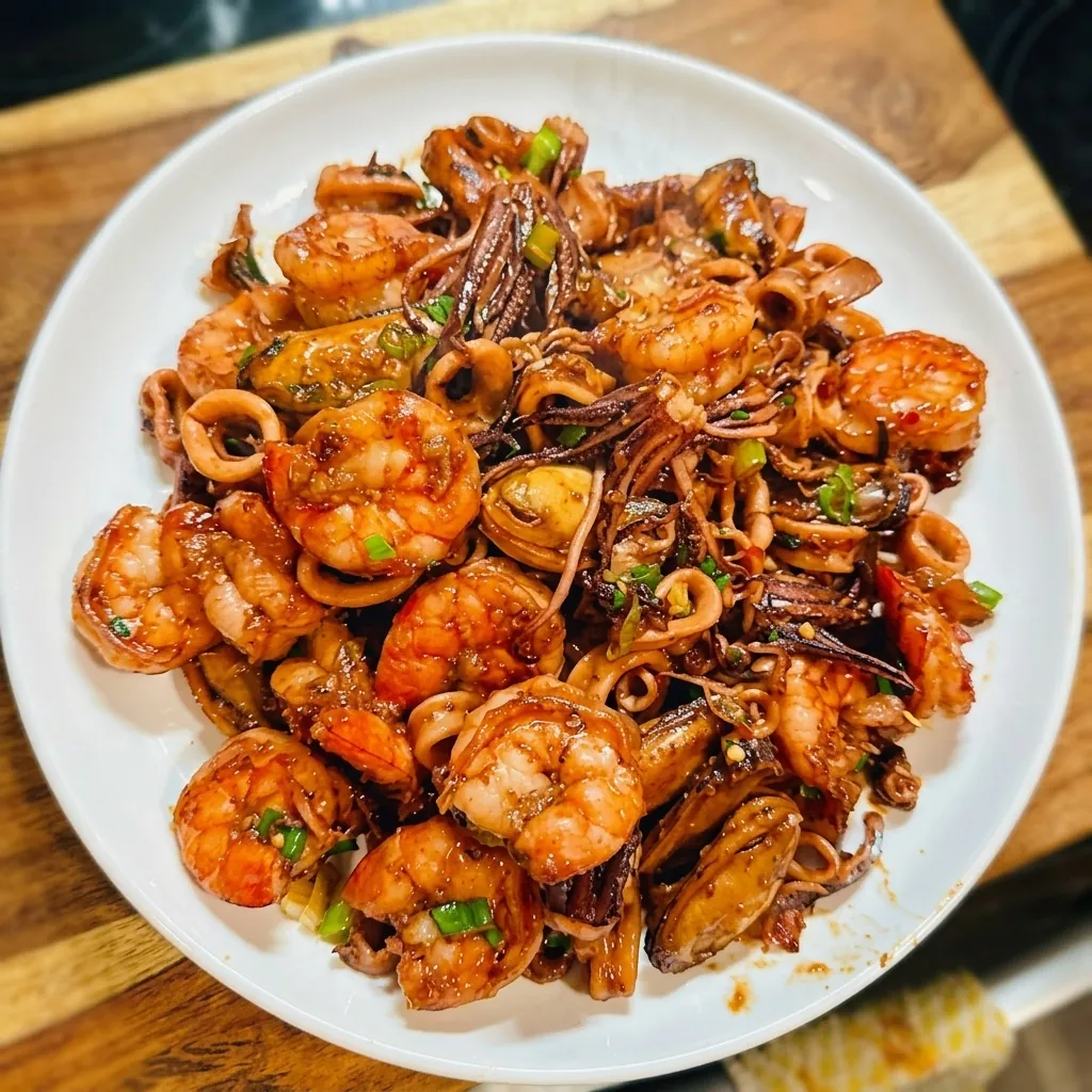 Pad Talay spicy Thai seafood stir-fry with mussels, squid and shrimp at Shaba Thai Cuisine, Winnipeg